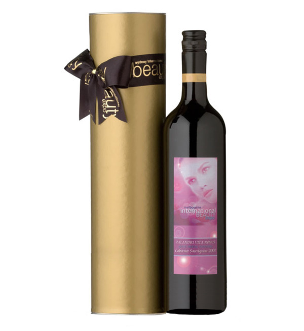 Custom Labelled Wine Inside Plain Cylinder With Branded Ribbon 1