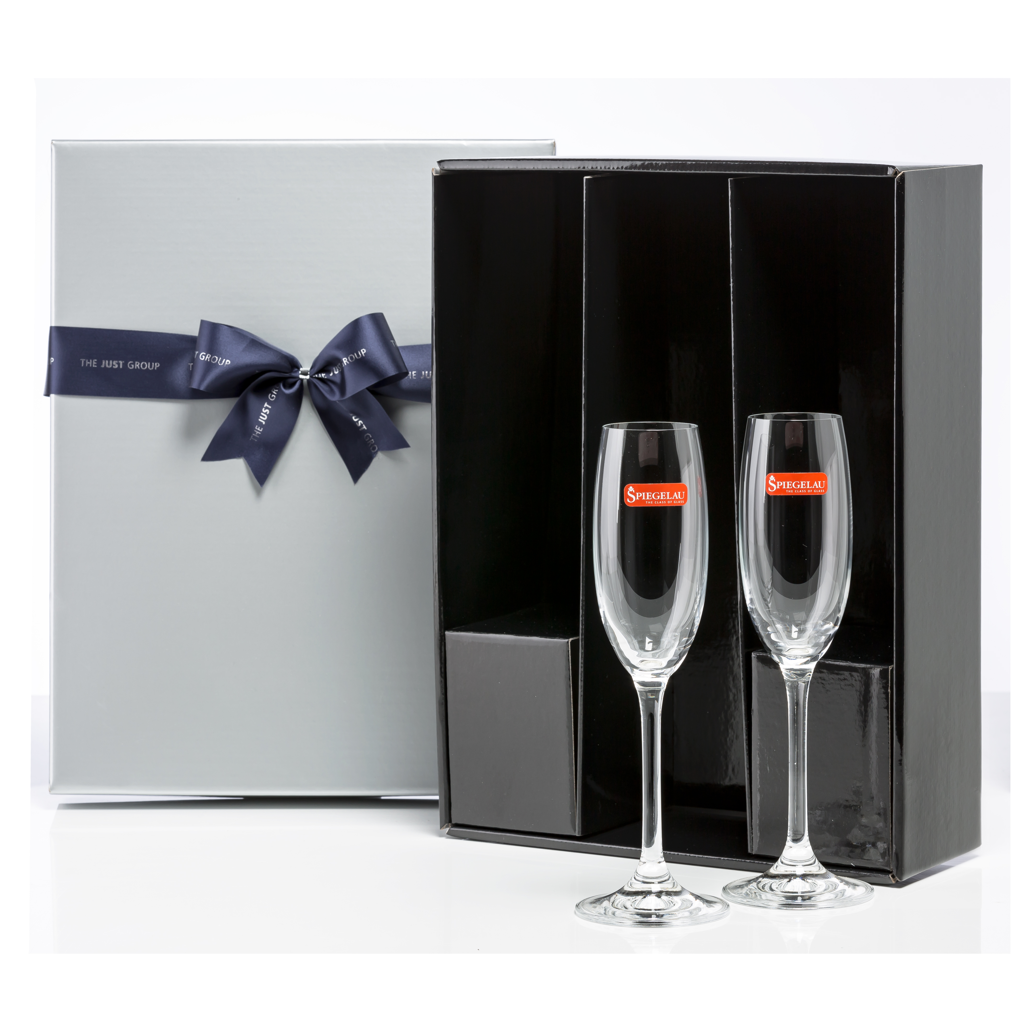 Silver Sparkling Presentation Box with 2 Flutes - The Just Group Ribbon